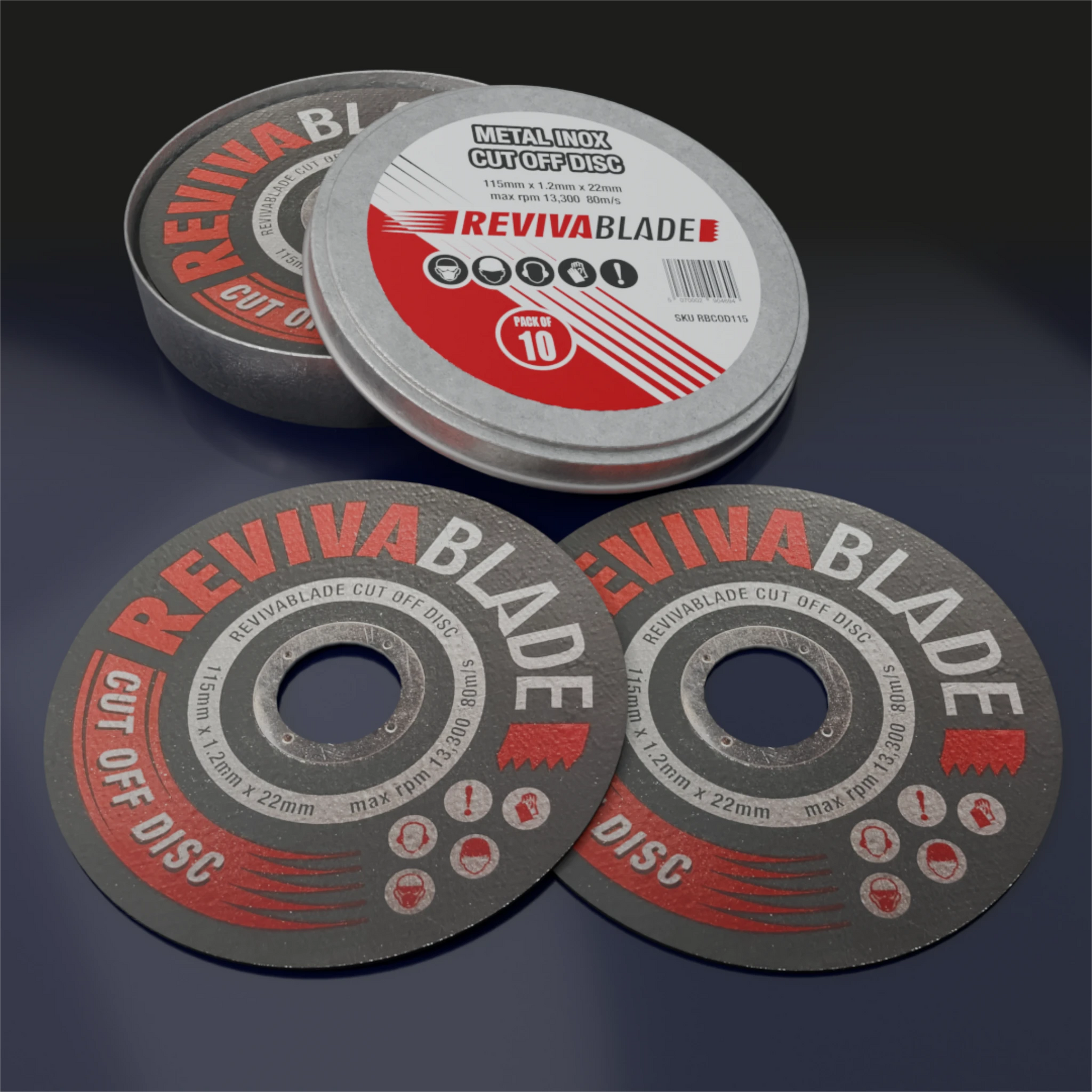 Revivablade 115mm cut-off discs in a tin case