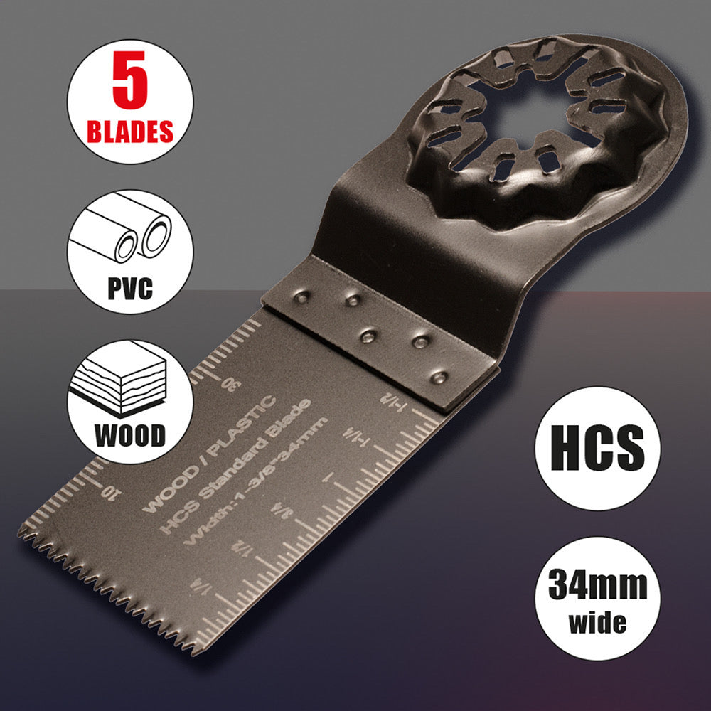 Five-pack oscillating multi-tool blades in sealed retail pack