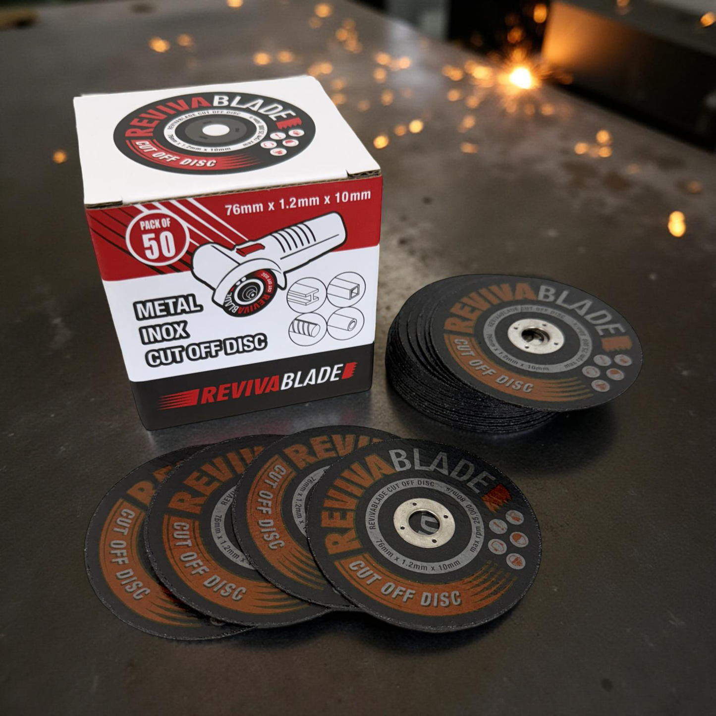 A stack of 3 inch 76mm metal cutting discs with their packaging box, labeled for stainless steel cutting, and indication of a 50 pack.