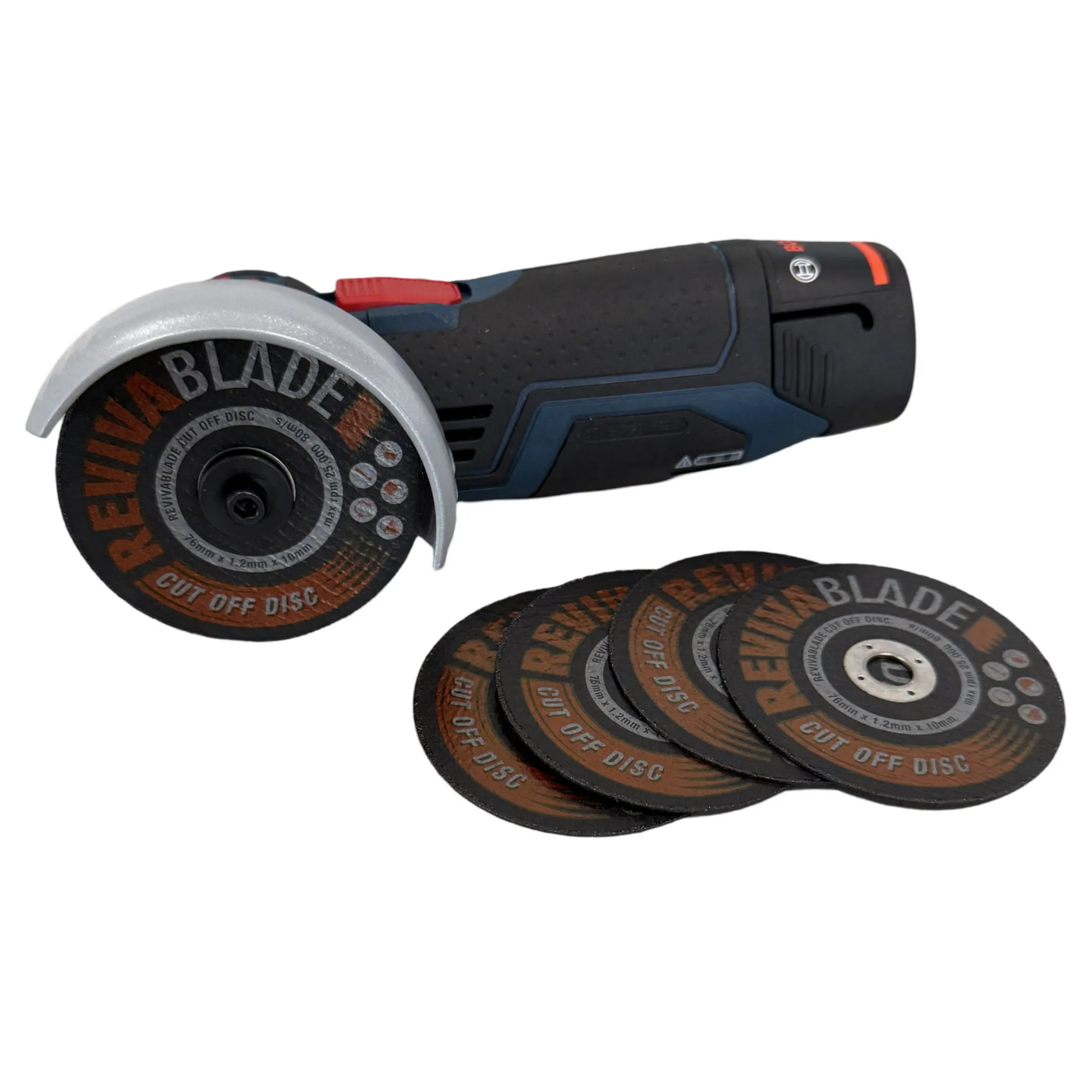 Boch 12 volt cut grinder with Revivablade 76mm cut off discs