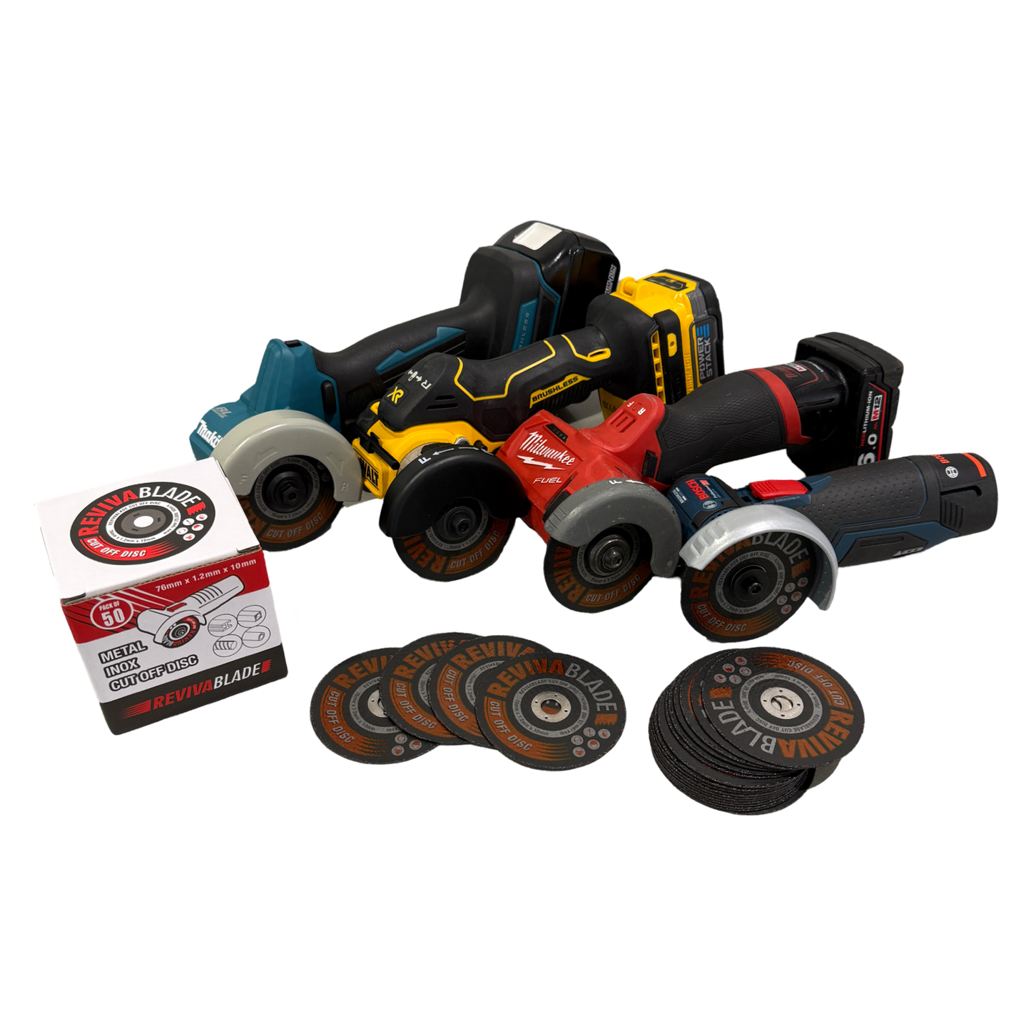 Cordless cutoff tool fitted with 76mm metal cutting disc