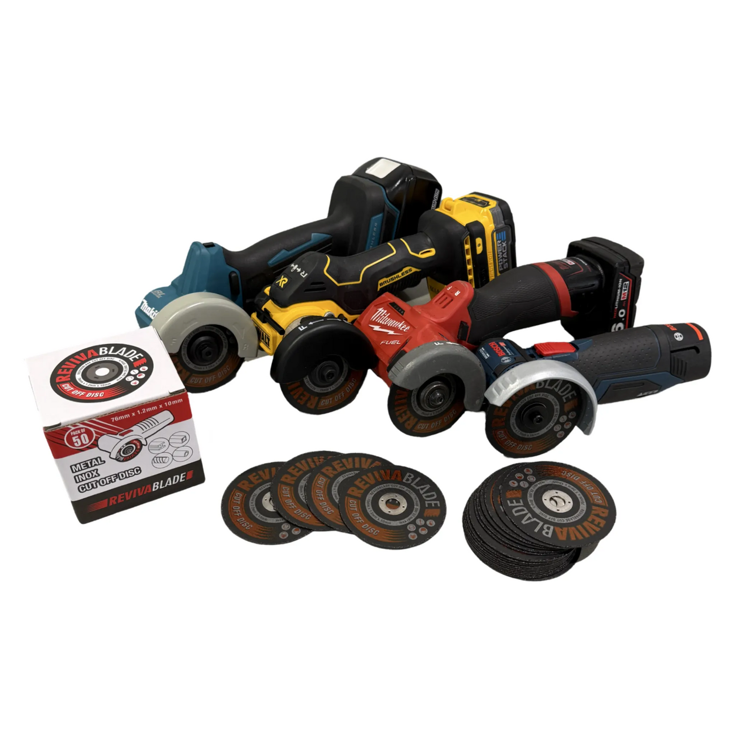 Makita Dewalt Milwaukee Bosch cut off tools with Revivablade 50 pack 76 cut off discs
