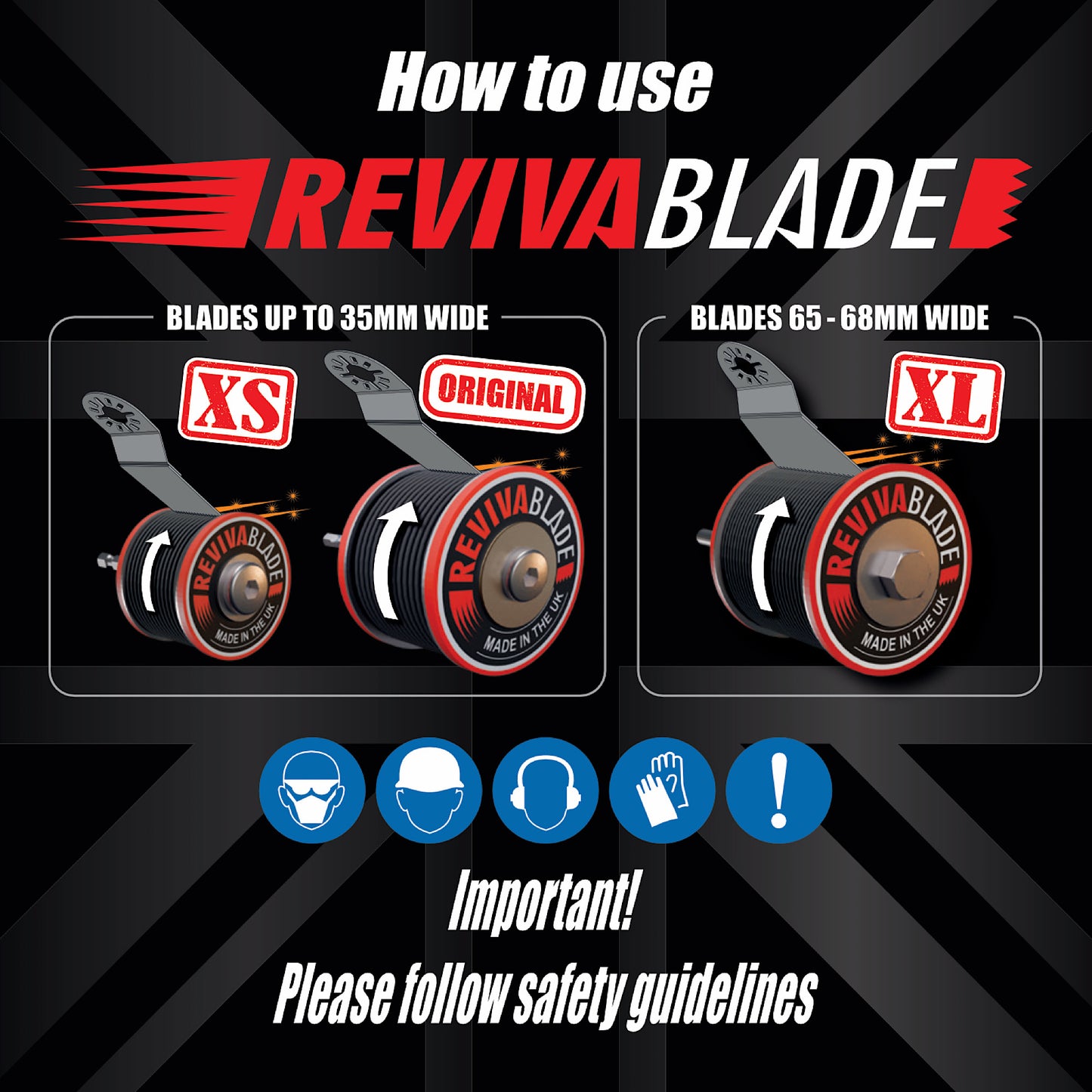 Instruction guide leaflet for using Revivablade XS, Original, and XL sharpeners