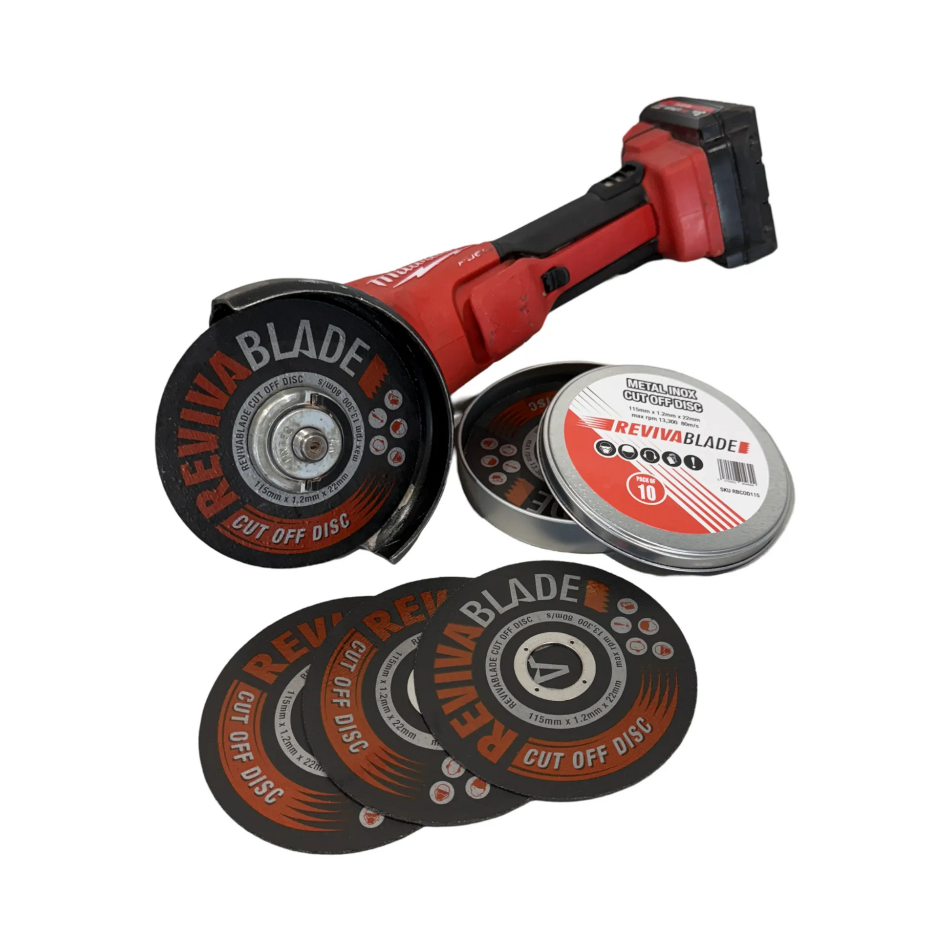 Milwaukee M18 Grinder with Revivablade 115mm cut-off disc 10 pack