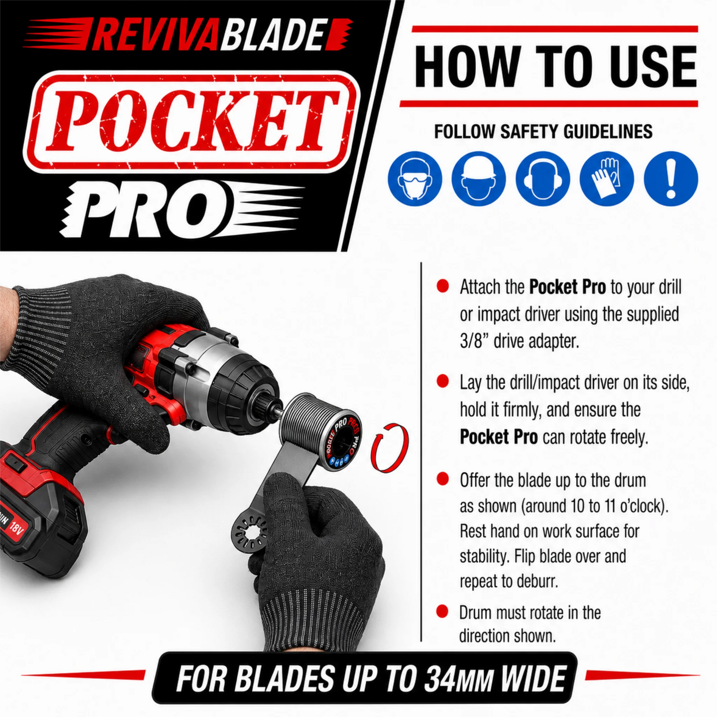 Instruction graphic for the RevivaBlade Pocket Pro drill bit holder, showing gloved hands attaching the black and red holder to a cordless drill. The graphic includes safety icons and text instructions on how to use the product for blades up to 34mm wide.