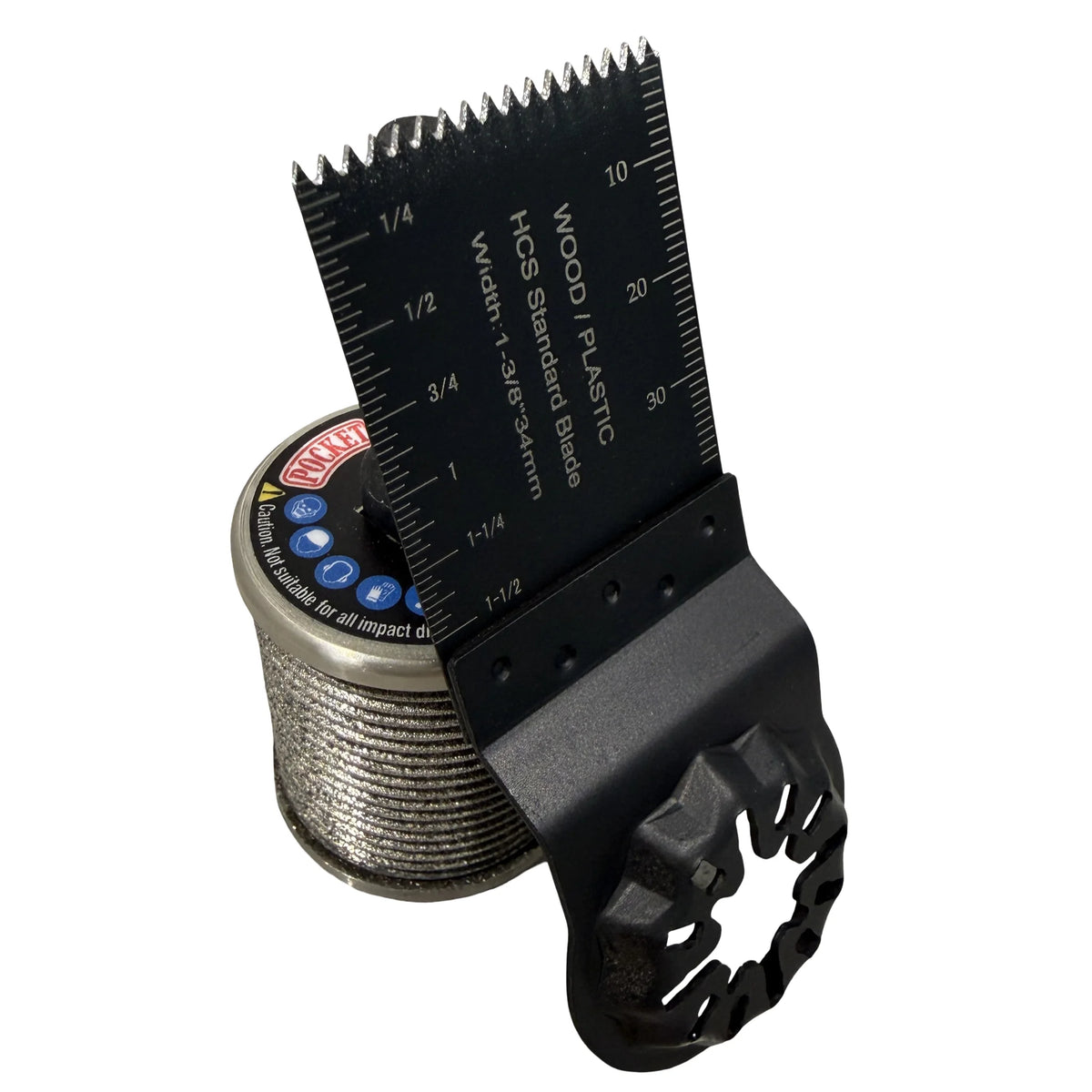 Revivablade Pocket Pro multi-tool blade sharpener shown with an oscillating multi-tool blade positioned against the sharpening drum.