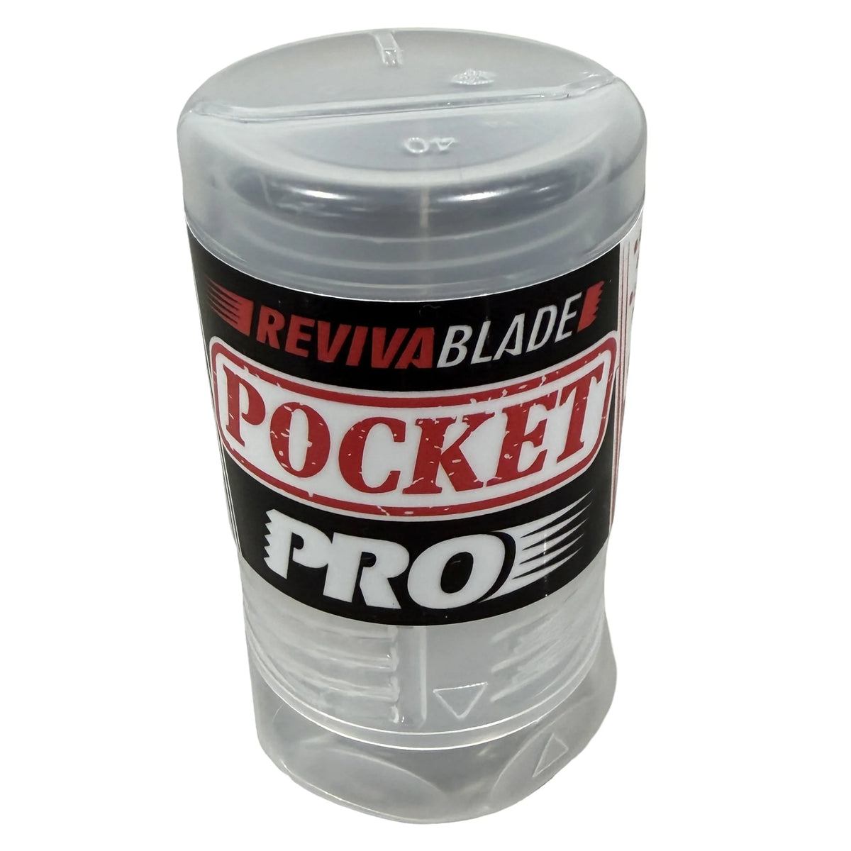 Revivablade Pocket Pro multi-tool blade sharpener in a clear cylindrical storage tub with black, red and white branded label.