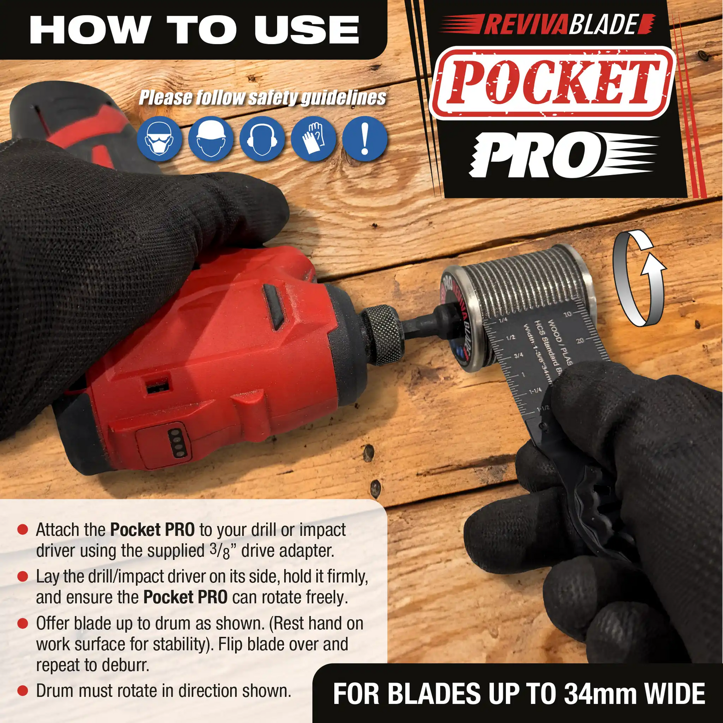 How to use the Revivablade Pocket Pro with a drill or impact driver to sharpen multi-tool blades up to 34mm wide.
