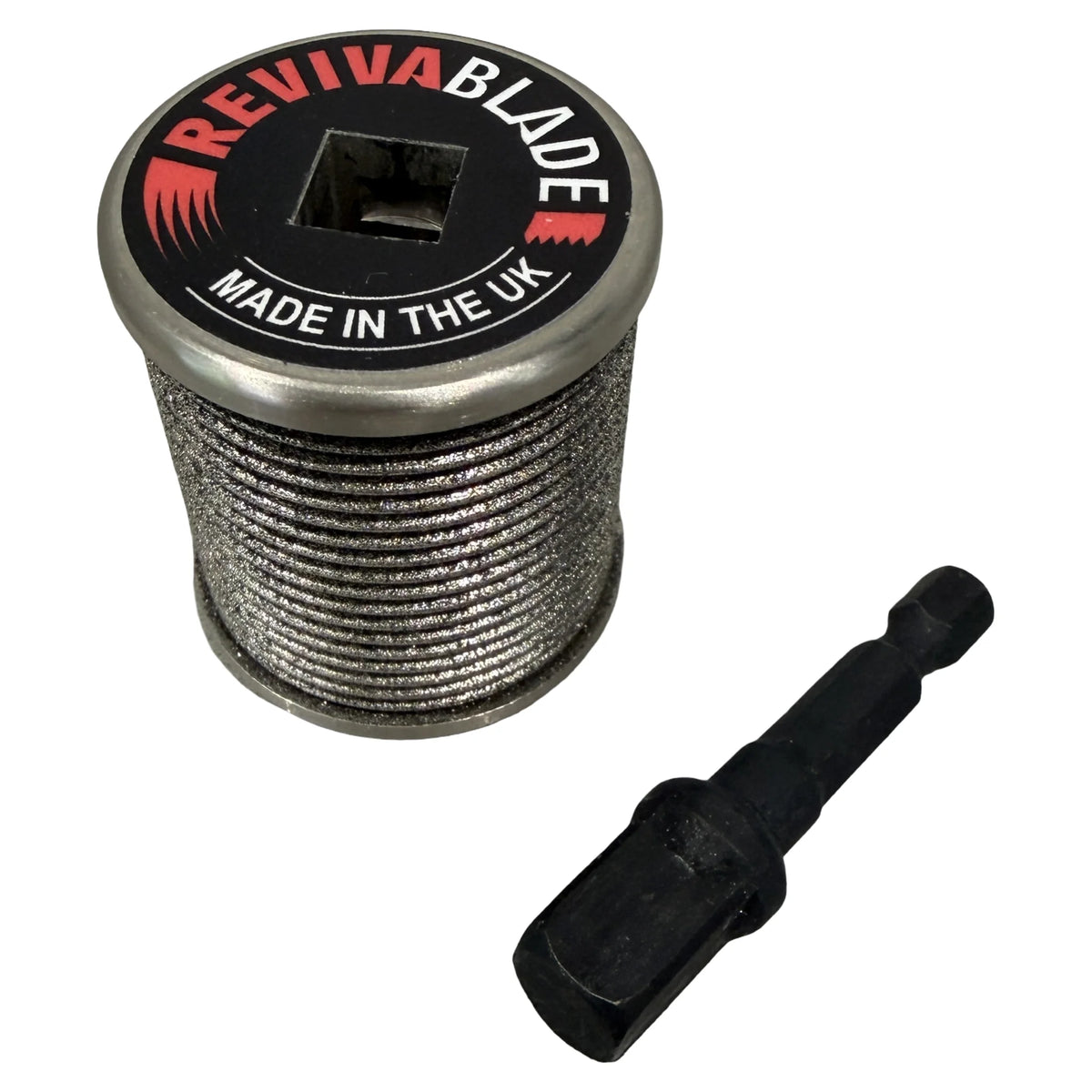 Revivablade Pocket Pro sharpening drum shown with the removable 3/8" arbor detached, highlighting the square drive socket and Made in the UK end label.