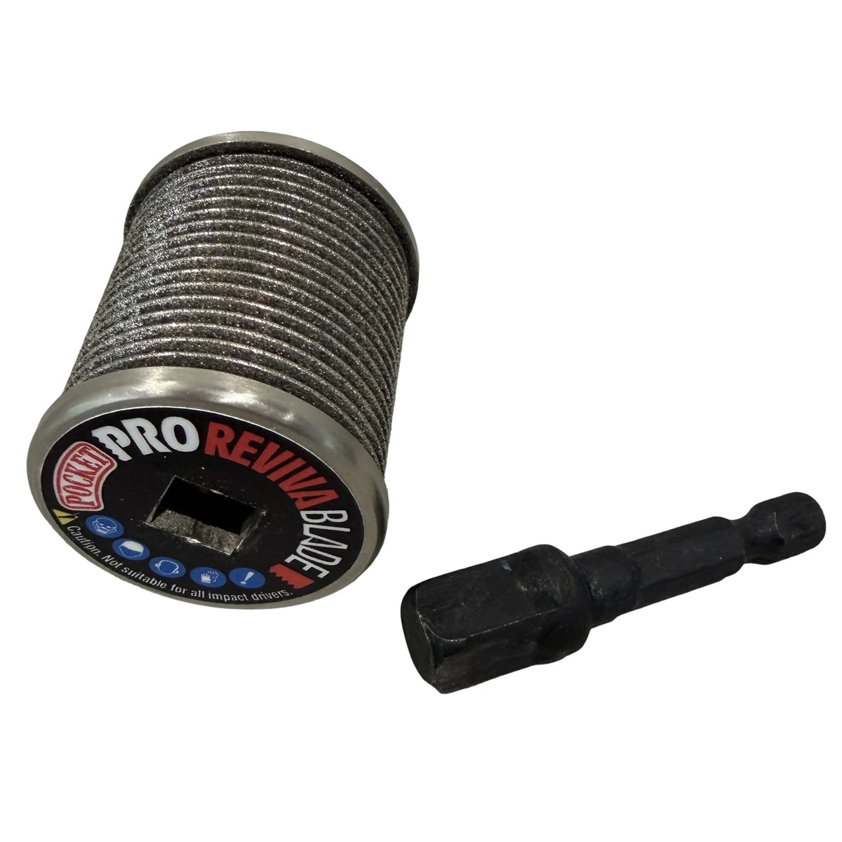 Revivablade Pocket Pro multi-tool blade sharpener shown with the removable 3/8" arbor detached, highlighting the square drive connection.