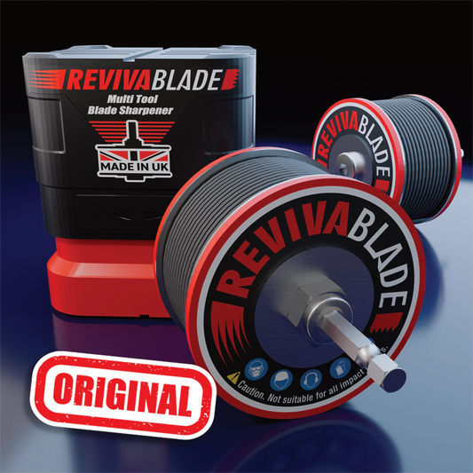 Revivablade Original oscillating multi-tool blade sharpener with plastic storage container