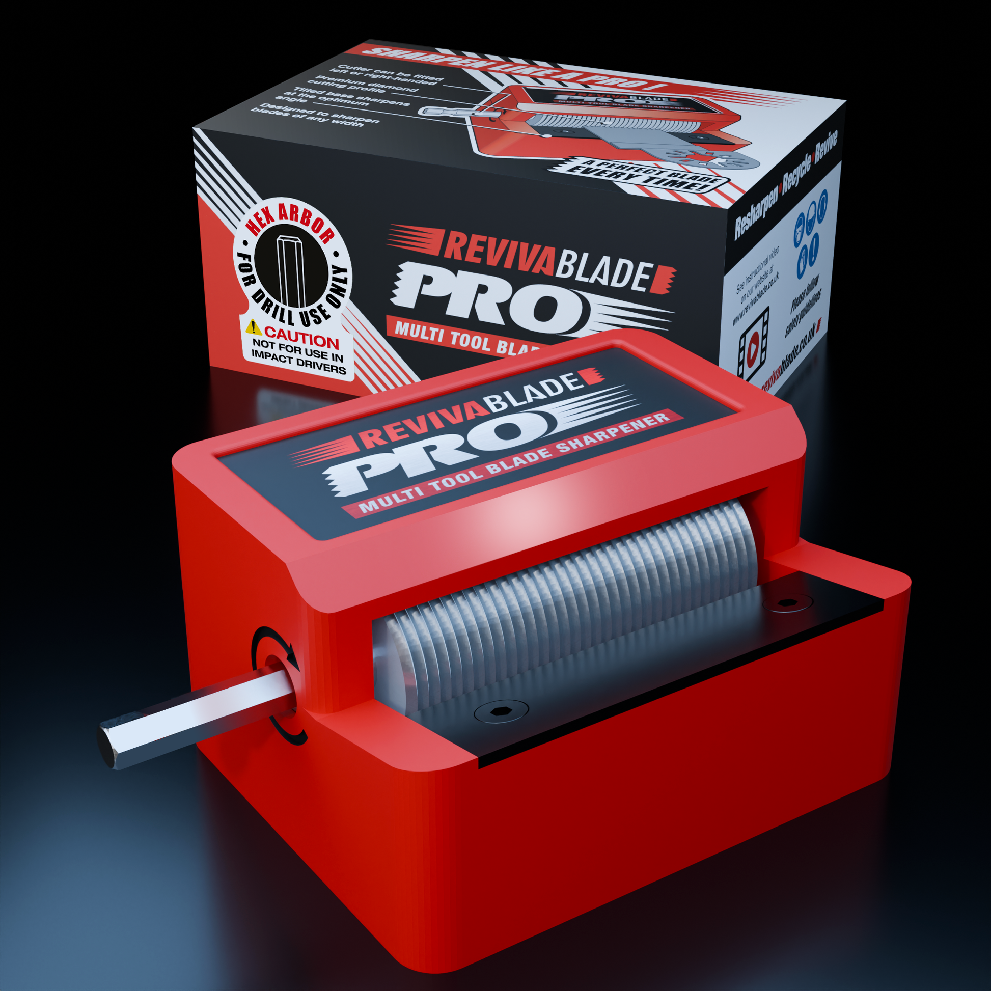 Revivablade Pro multi-tool blade sharpener with packaging in the background
