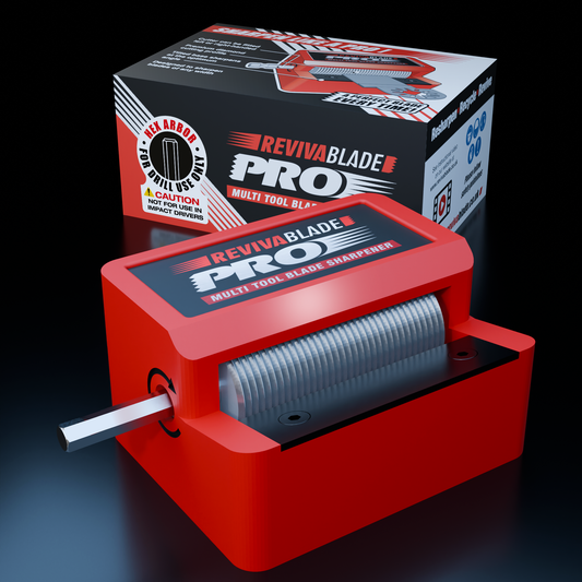 Revivablade Pro multi-tool blade sharpener with packaging in the background