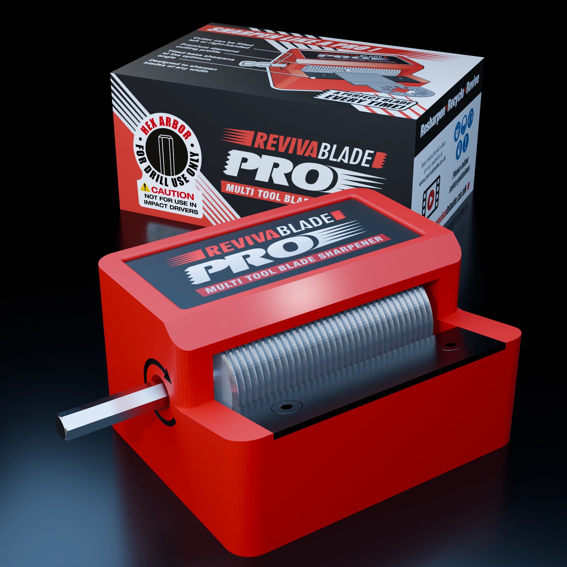 Revivablade Pro multi-tool blade sharpener with packaging in the background
