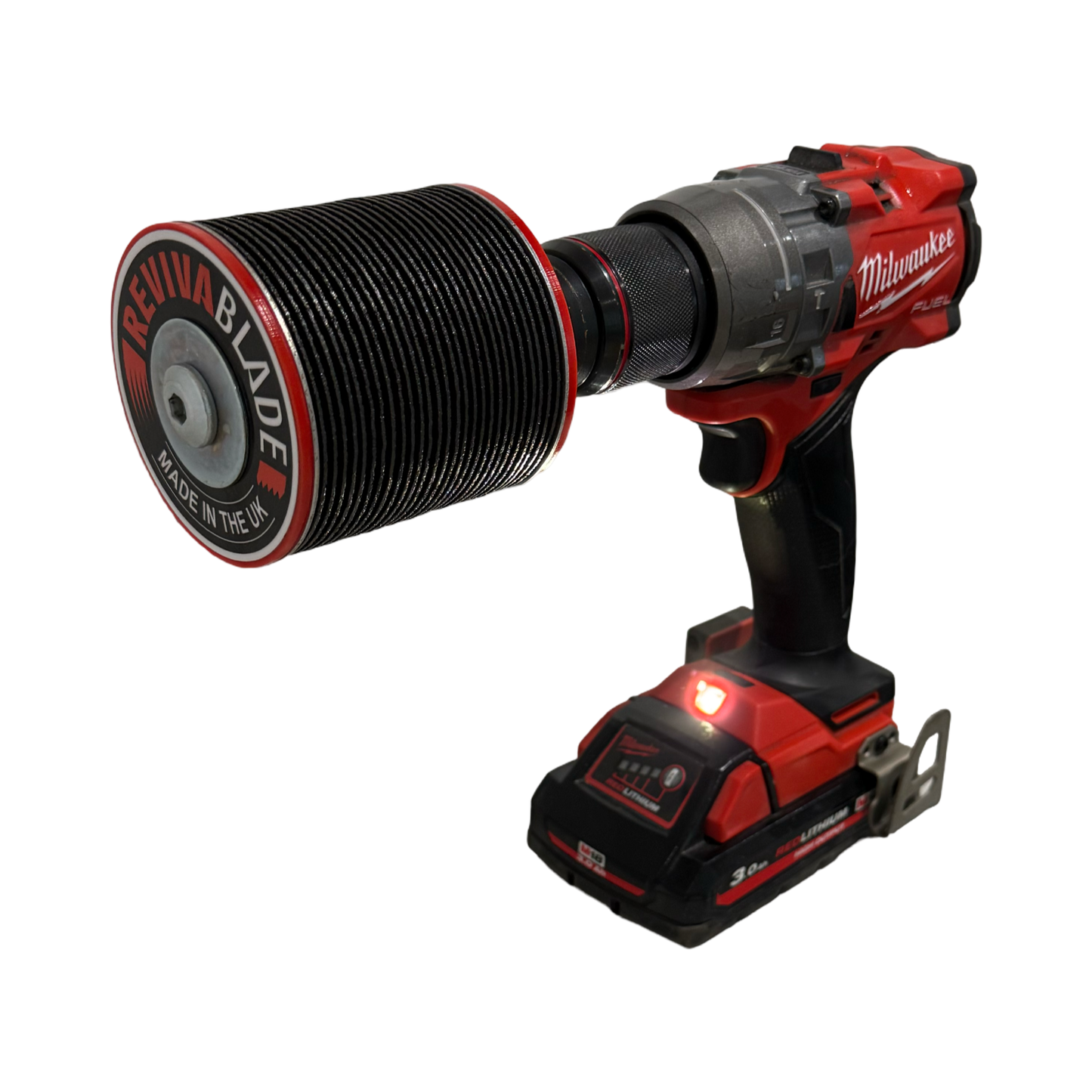 Revivablade XL mounted in drill chuck for blade sharpening