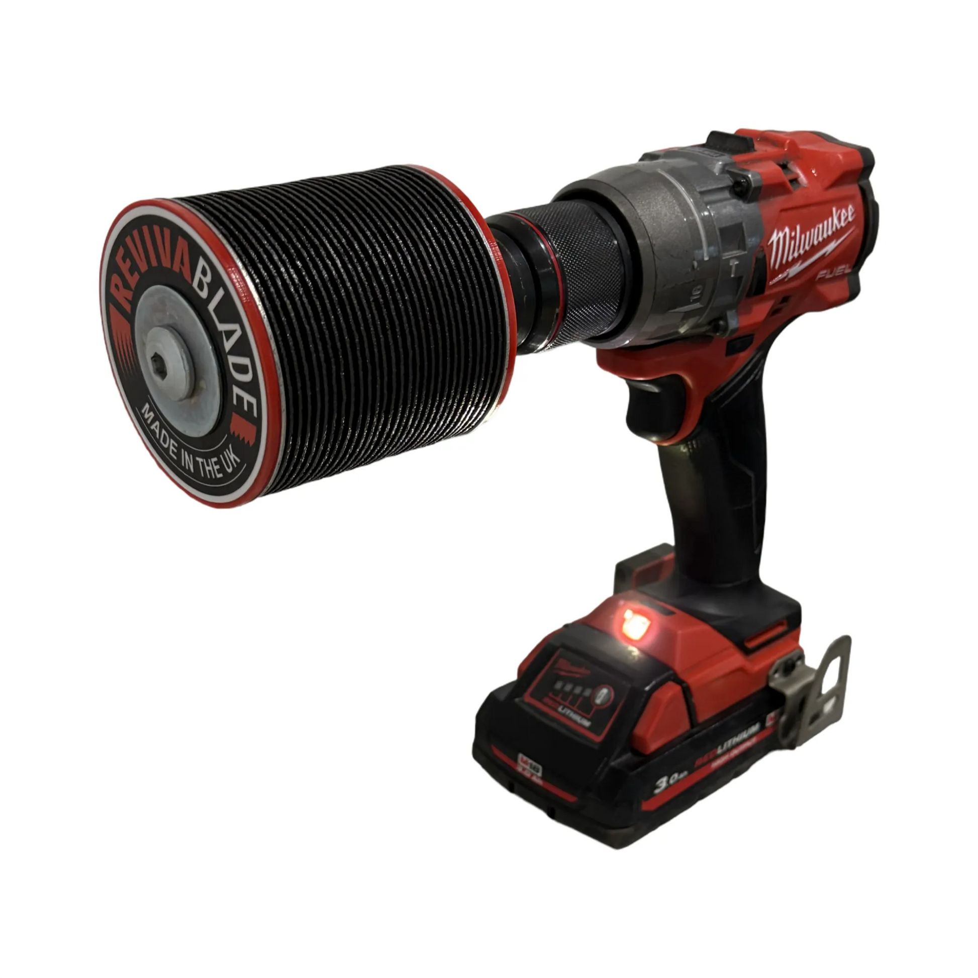 Milwaukee cordless drill with Revivablade XL multitool blade sharpener