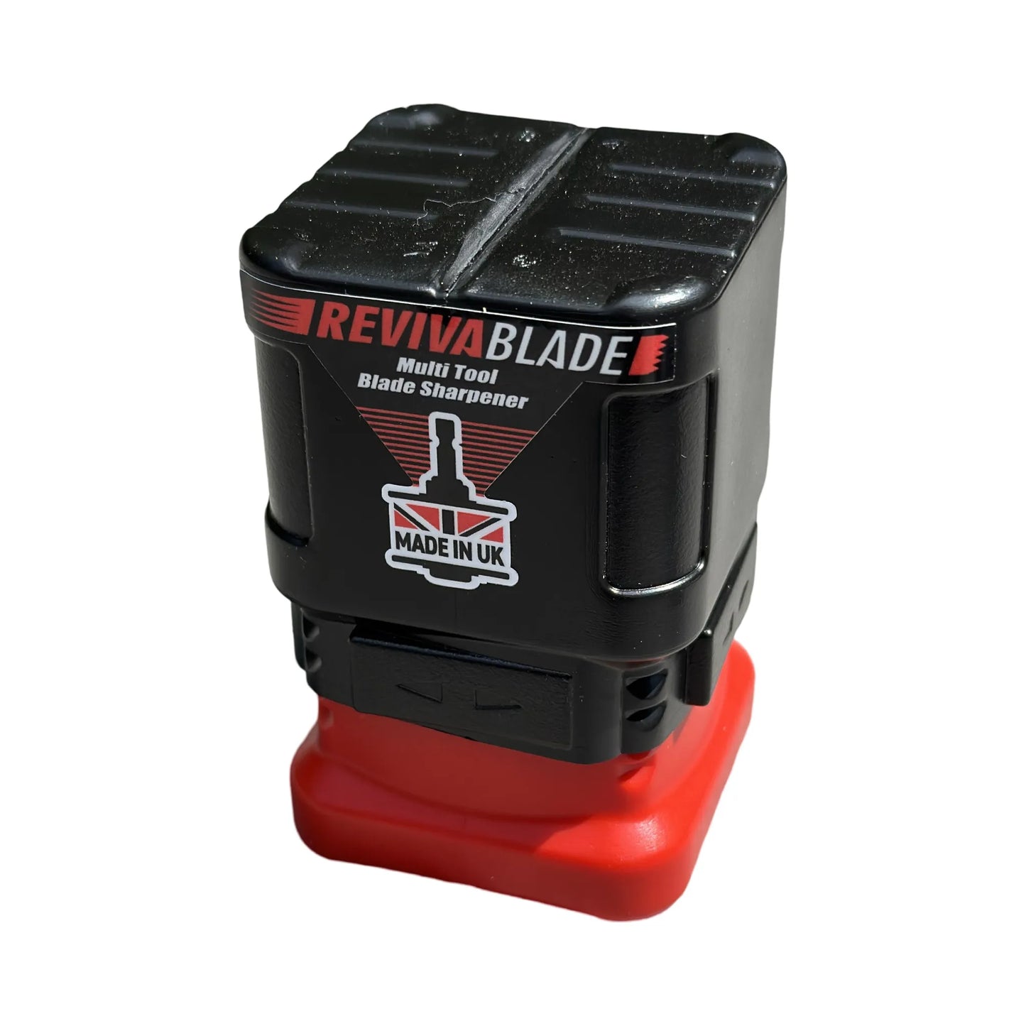 Revivablade multi-tool blade sharpener with black and red container 