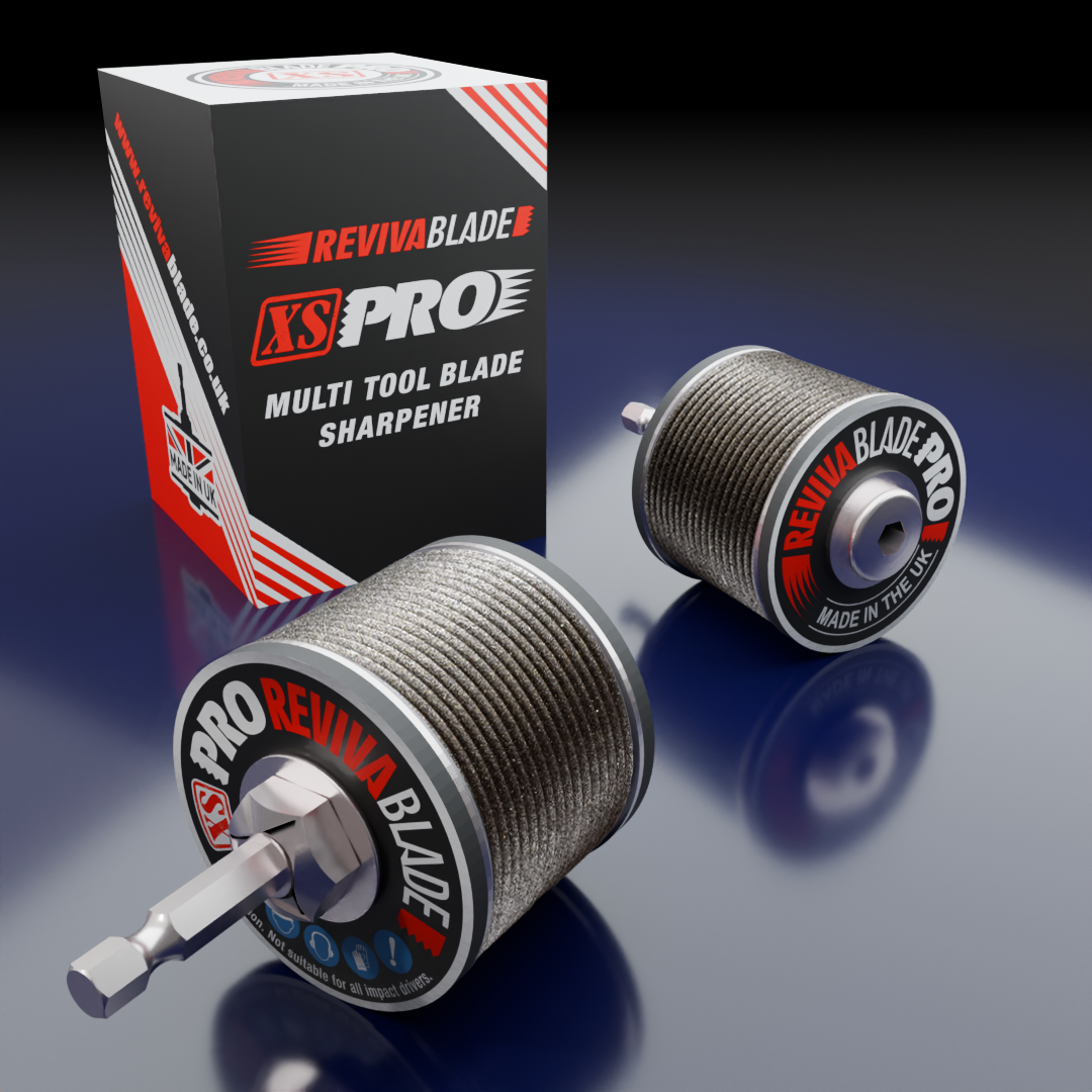 Reviva Blade XS Pro multi-tool blade sharpener with packaging on a reflective surface.