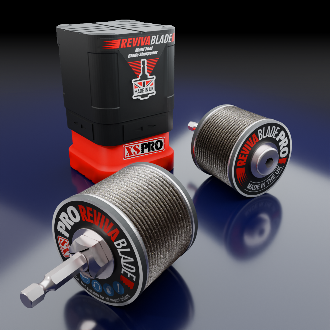 Revivablade XS Pro tool and storage container on a reflective surface with a dark background