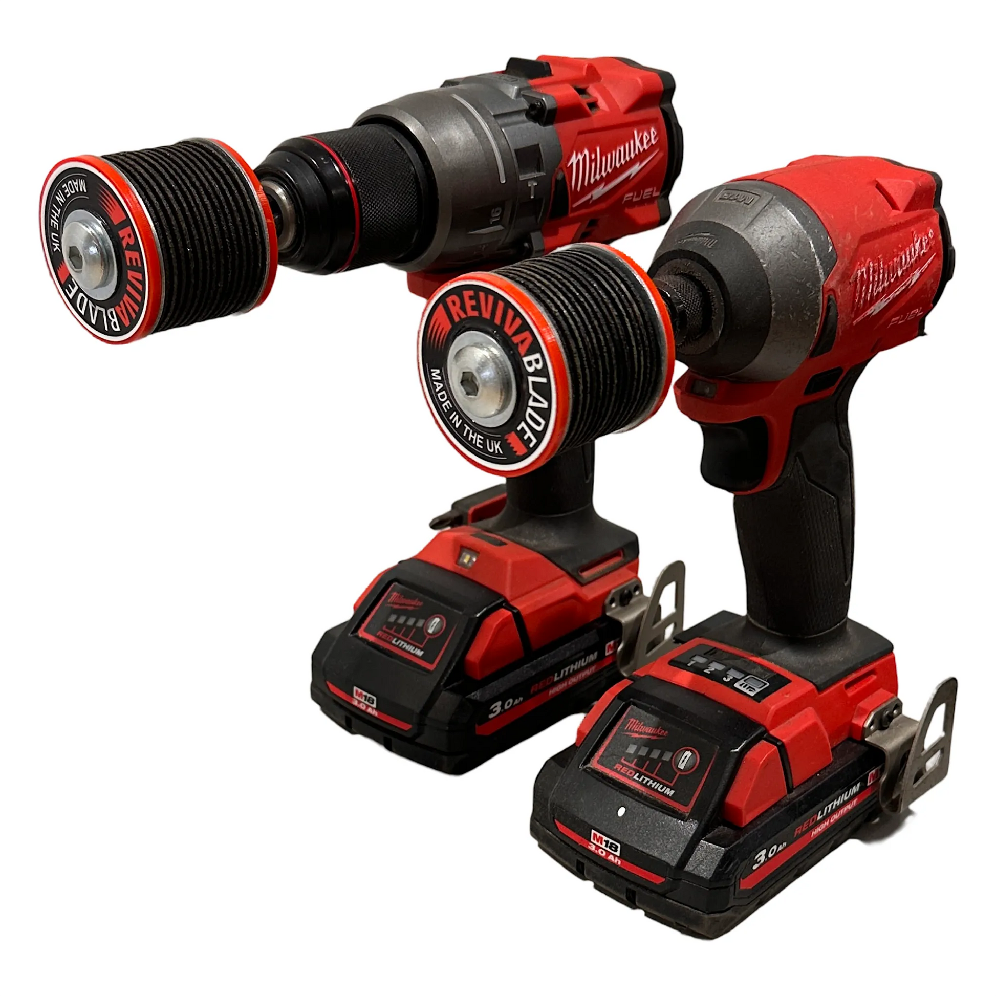 Milwaukee power drills on a white background