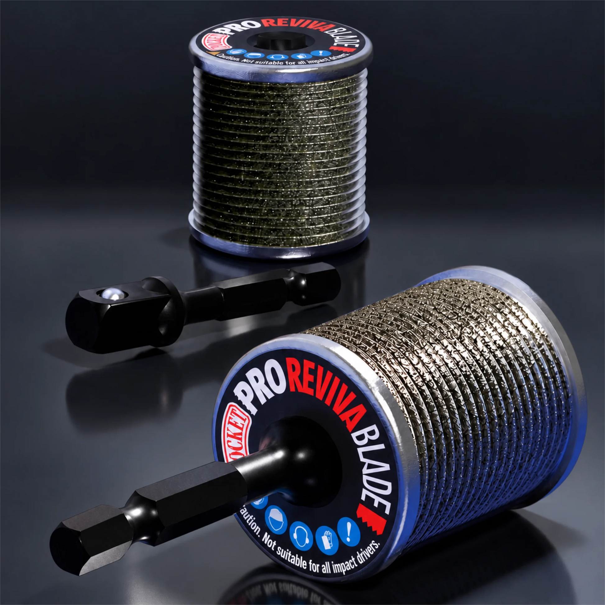 Two views of the Revivablade Pocket Pro multi-tool blade sharpener with its removable arbor, displayed on a dark reflective background.