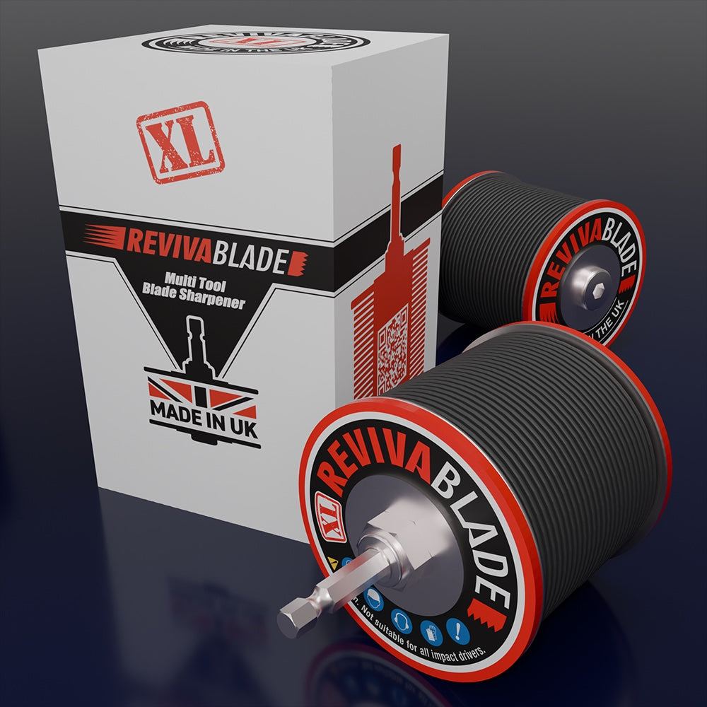 Revivablade XL multi-tool blade sharpener with packaging on a dark background