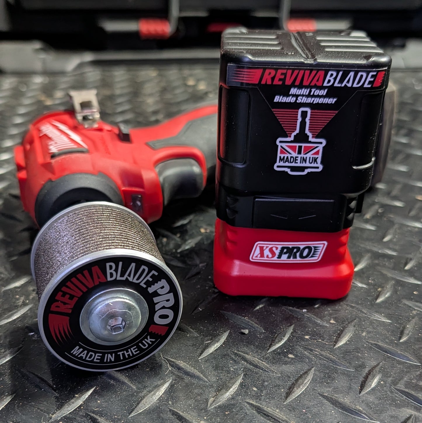 Revivablade XS Pro blade sharpener attached to impact driver