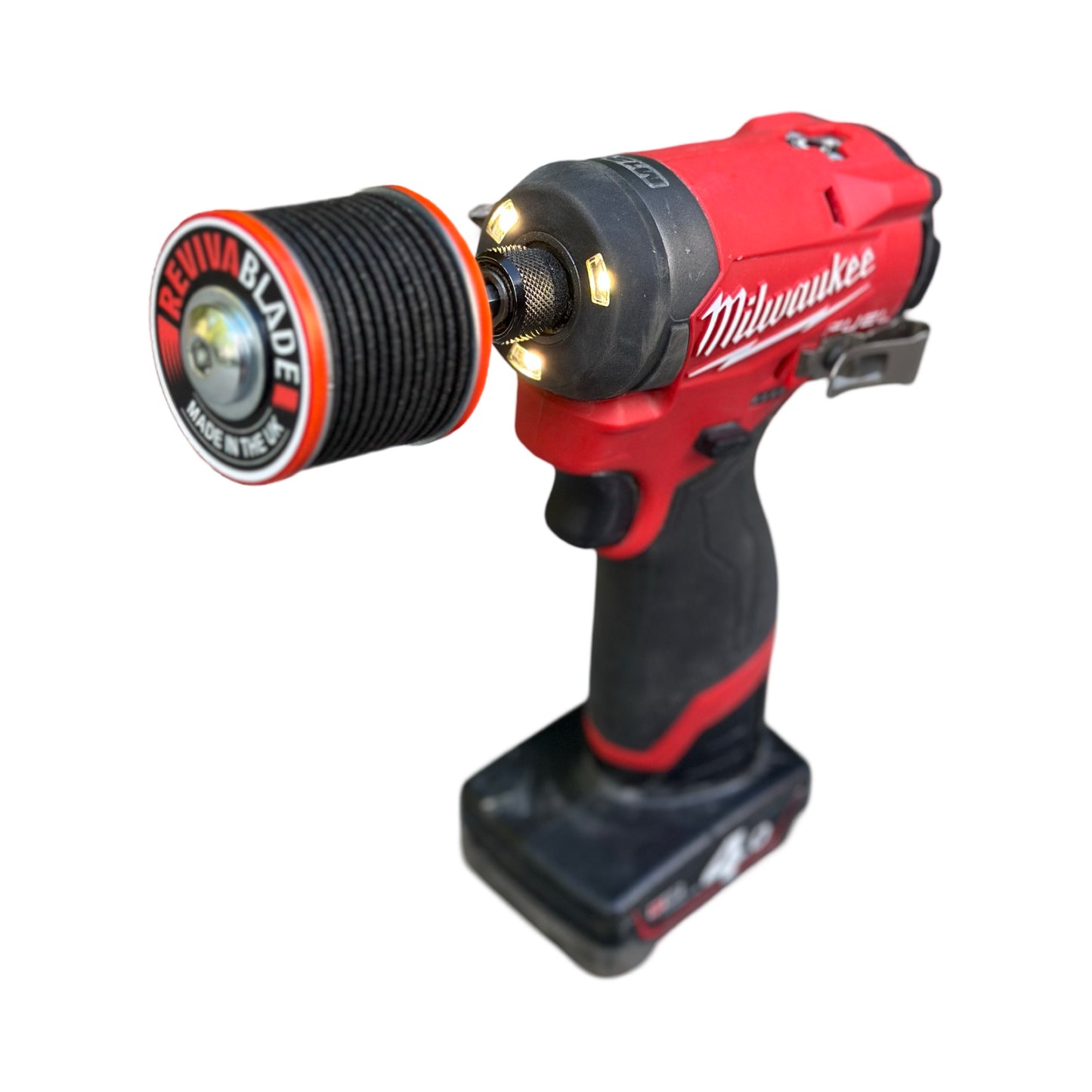 Cordless impact driver driving Revivablade XS blade sharpener