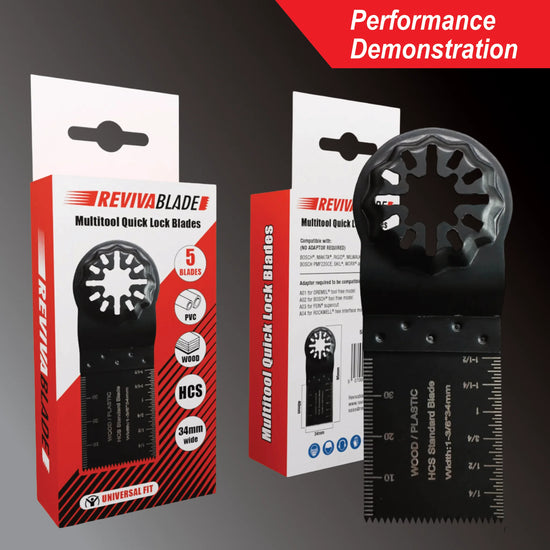 Oscillating multi-tool blade cutting timber demonstration video