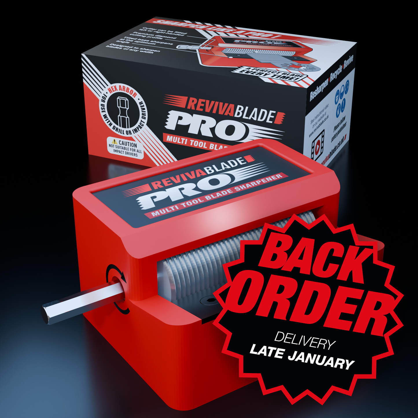 Revivablade® Pro NEW…….Cordless Drill Powered Professional Multitool Blade Sharpener (BACK ORDER Delivery End Of January)